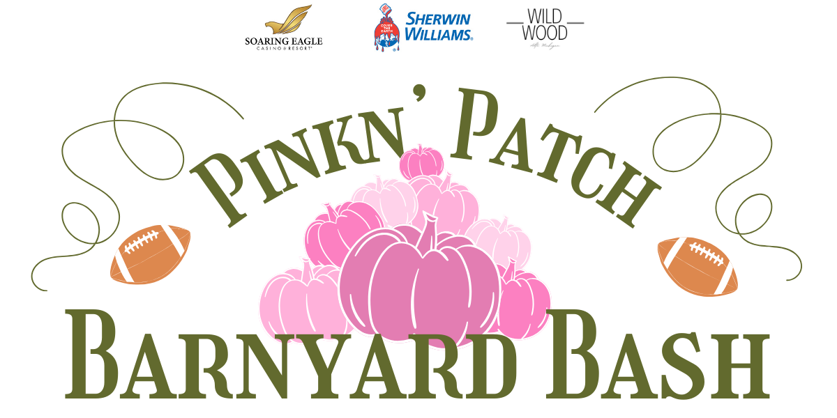 Pinkn’ Patch Barnyard Bash printed on white background with a stack of pink pumpkins and two footballs